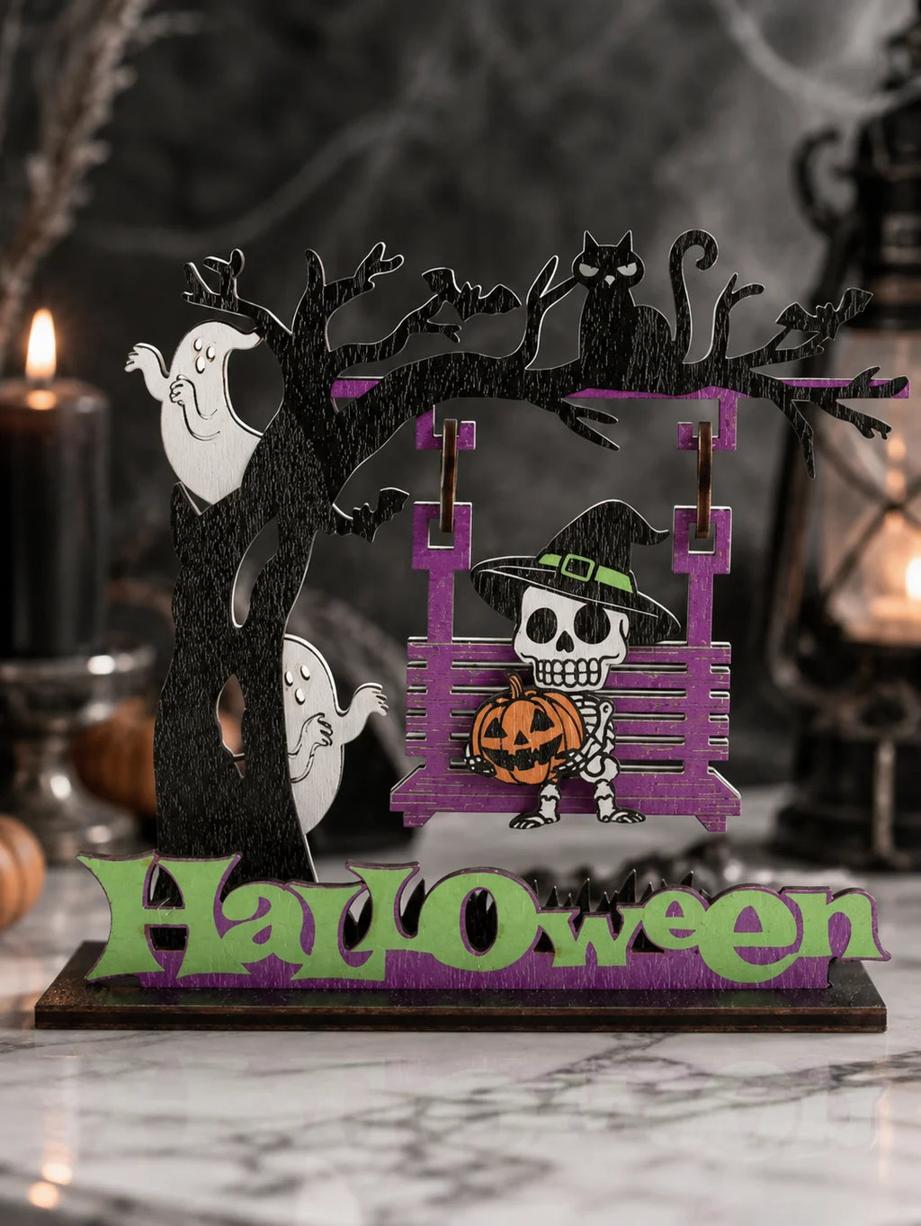 Wooden Ghost & Skeleton Table Decor