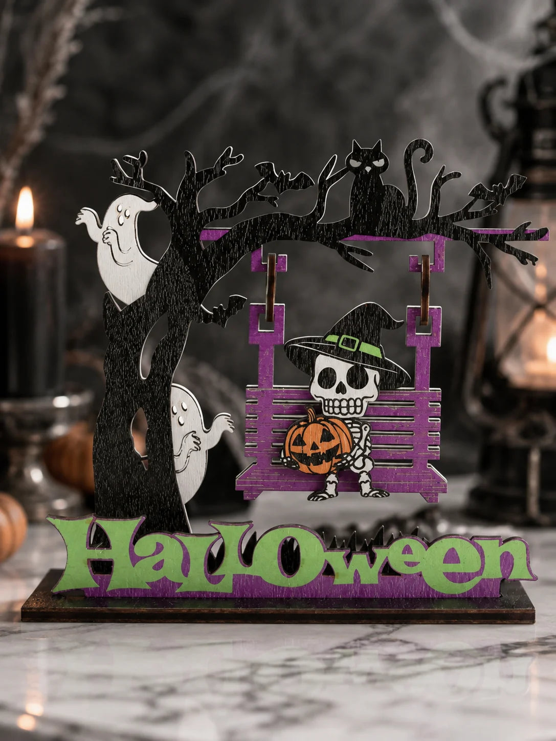 Wooden Ghost & Skeleton Table Decor