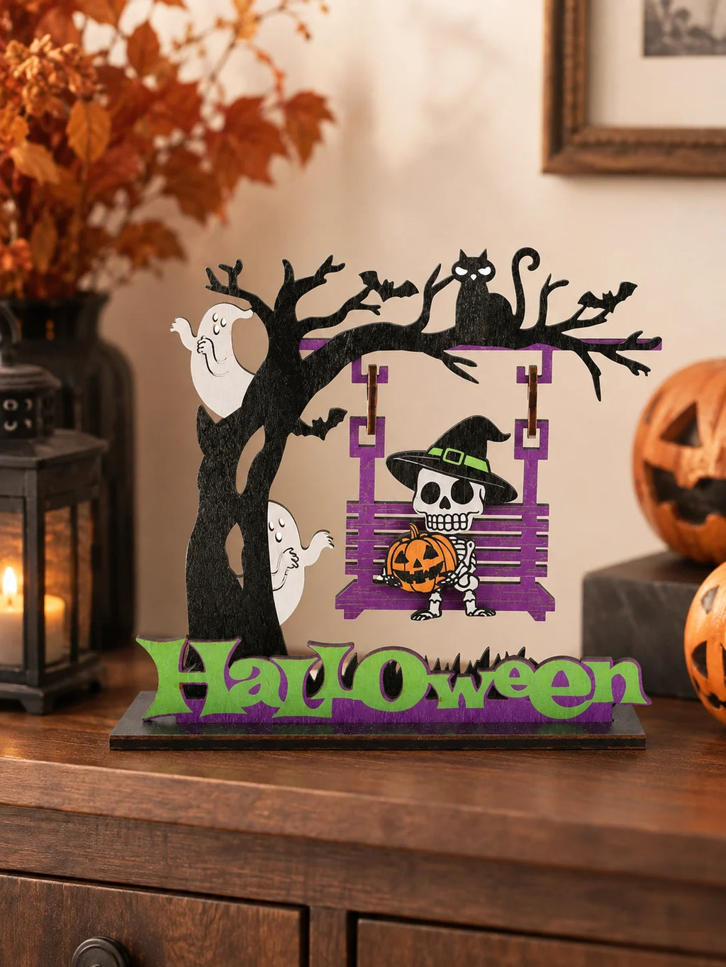 Wooden Ghost & Skeleton Table Decor