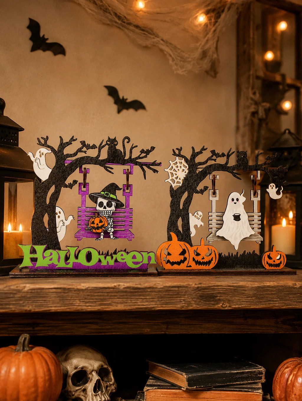 Wooden Ghost & Skeleton Table Decor