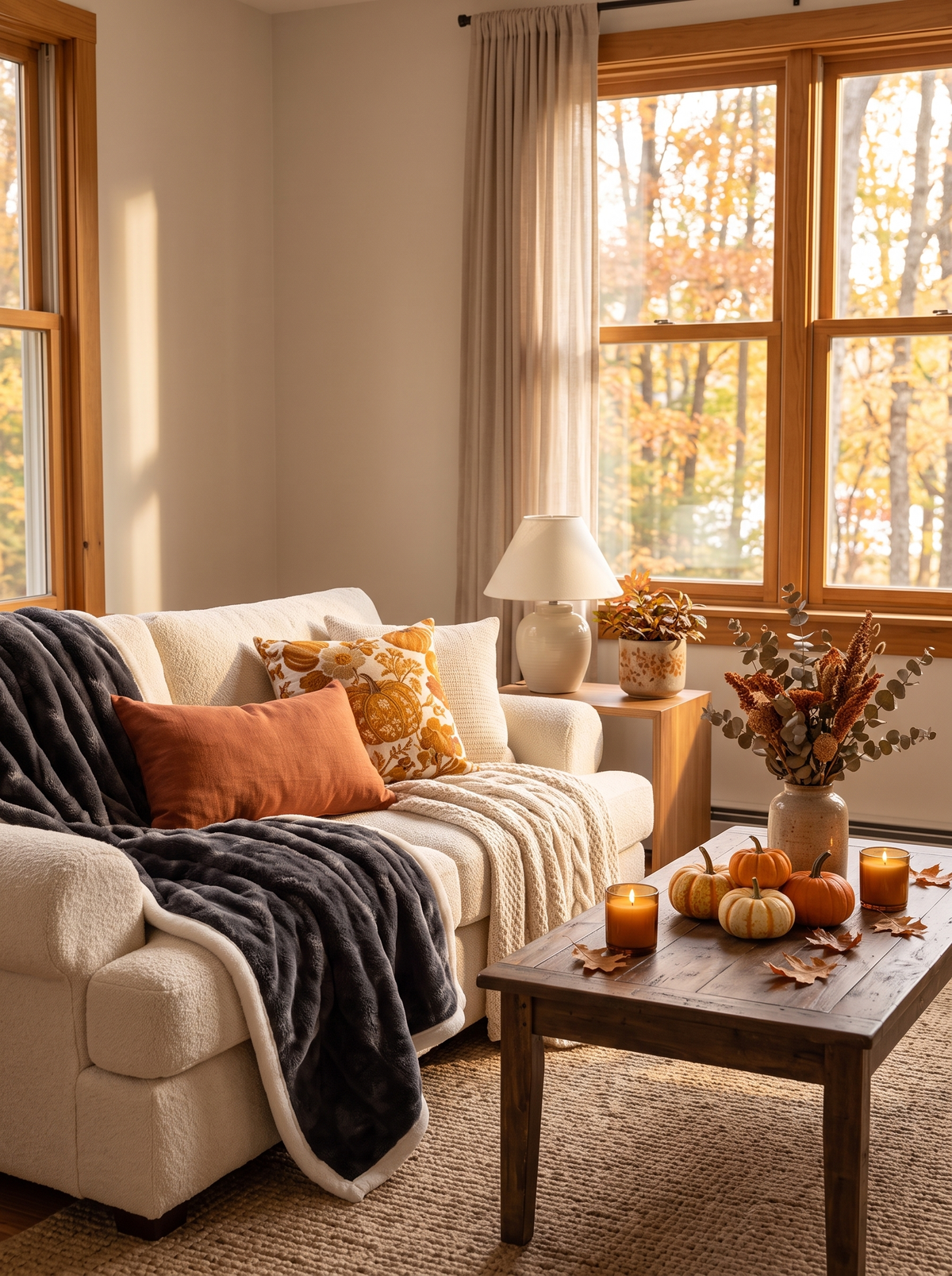 Cozy autumn home decor hero banner, warm rust and cream tones